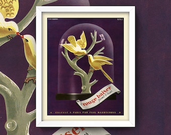 Birds in Bell Jar Print • Vintage French Perfume Ad • 8X10 Print • Vintage French Perfume Ad • Cloche Yellow Canaries Purple Bathroom Art