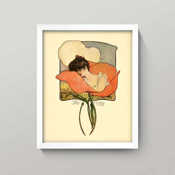 Antique “The Poppy” Print • 8x10 Wall Art • High Quality Giclee Print • Art Nouveau / Woman / Sleep / Opium / Vintage