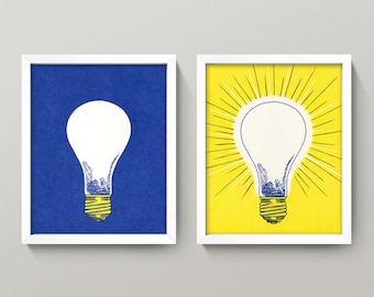 Pop Art Light Bulbs • Set of 2 8X10 Prints • Tune in Turn On • Bold Blue and Yellow Pop Art Diptych 1970s On Off Idea Graphic Design