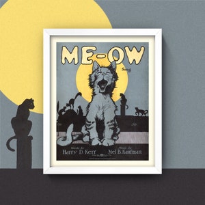 Cat Print • Antique Meow Sheet Music • 8x10 Print • Vintage Cat Wall Art • 1920s &quot;Meow Song&quot; sheet music w/ alley cat howling in the moon