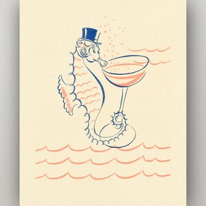 May include: A blue and pink illustration of a seahorse wearing a top hat and drinking from a champagne glass. The seahorse is in the ocean, which is represented by pink wavy lines.