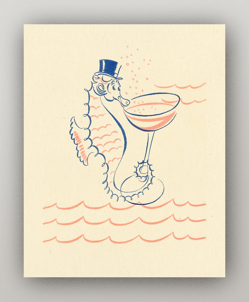May include: A blue and pink illustration of a seahorse wearing a top hat and drinking from a champagne glass. The seahorse is in the ocean, which is represented by pink wavy lines.