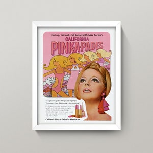 Vintage Lipstick Ad Print • Pink-A-Pades by Max Factor • 4 Sizes! • Classic Hollywood Makeup Ad • 1960s Pink lipstick Advertisement