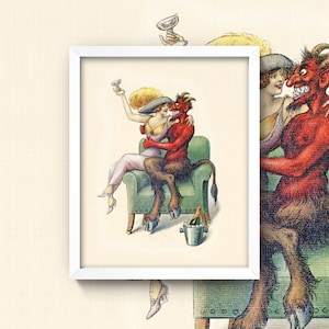 May include: A vintage illustration of a red devil with horns and a woman sitting on a green armchair. The devil is holding a glass of champagne and the woman is holding a glass of champagne. The devil is wearing a red suit and the woman is wearing a white dress. There is a bottle of champagne and a bucket of ice on the floor.