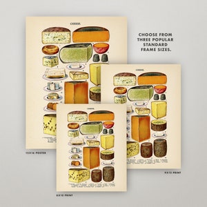 May include: Vintage illustration of different types of cheese, including cheddar, Swiss, and blue cheese. The image is divided into three sections, each with a different size: 12x16 poster, 9x12 print, and 8x10 print. The text "Choose from three popular standard frame sizes." is included in the image.