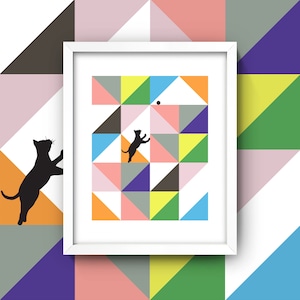 Geometric Cat Art • Pop Art Cat Print • 3 Sizes! Minimal Cat Wall Art • Modern Art Triangles • Black Cat • Cat Toy Cat Poster