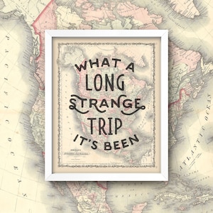 May include: A framed vintage map print with the text "WHAT A LONG STRANGE TRIP IT'S BEEN" in black lettering. The map is of North America, with a white frame. The background is a world map.
