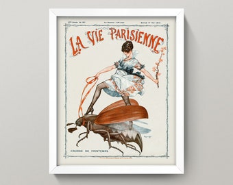 Art Nouveau Print • Vintage La Vie Parisienne Wall Art • Beautiful Woman Riding a Beetle • French Magazine Illustration • Scarab • Insect