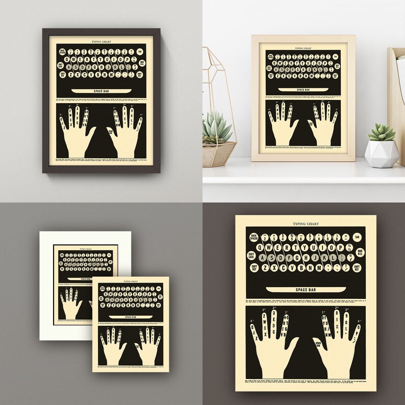 Typing Chart Typewriter Print / Wall Art Vintage Typewriter Chart How to Type 4 Sizes 8X10 9X12 12 X16 Black & White Art image 6