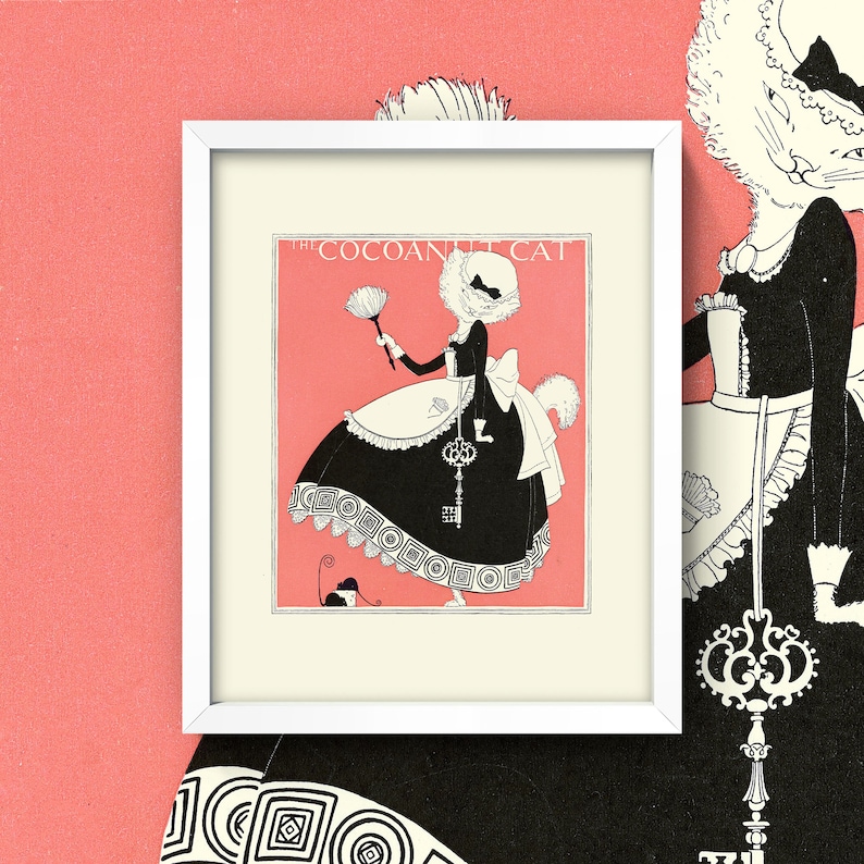 Może przedstawiać: Czarno-biała ilustracja kota ubranego w str&oacute;j pokoj&oacute;wki, trzymającego pi&oacute;ropusz. Kot nosi biały fartuch i czarną sukienkę z białą lam&oacute;wką. Tekst "The Coconut Cat" jest napisany nad kotem. Obraz jest oprawiony w białą ramę.