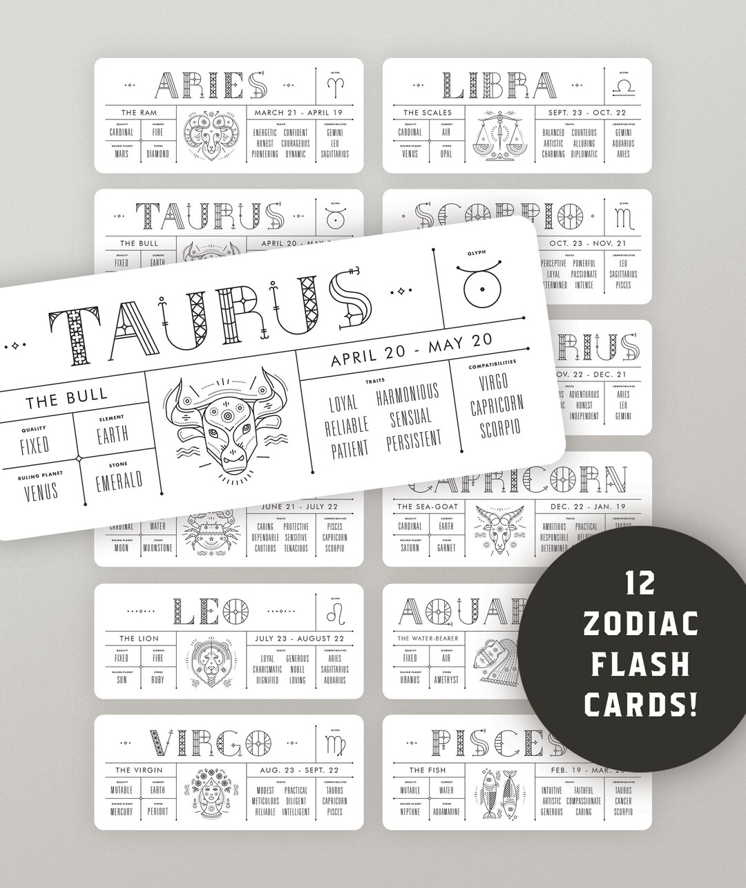 Zodiac Flash Cards Set of 12 Astrology / Horoscope Etsy