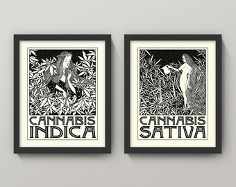 Indica and Sativa Prints • 5 Sizes • Cannabis Poster • Marijuana Prints • Art Nouveau Aubrey Beardsley