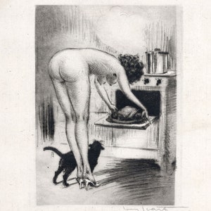 Nude in the Kitchen Print Vintage Kitchen Erotica 3 Sizes Risqué cook bending over a hot oven in sexy high heels with a black cat image 2