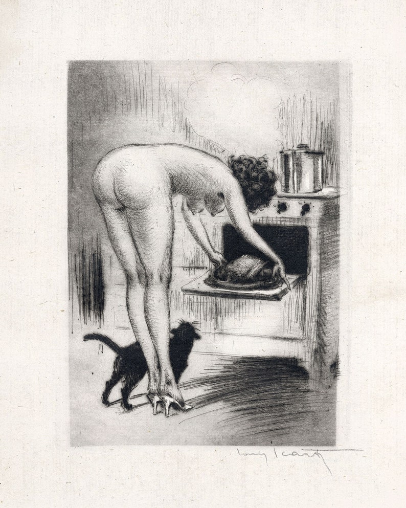 Nude in the Kitchen Print Vintage Kitchen Erotica 3 Sizes Risqué cook bending over a hot oven in sexy high heels with a black cat image 2