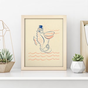 May include: A blue and orange illustration of a seahorse wearing a top hat and holding a champagne glass. The seahorse is in the ocean with pink waves.