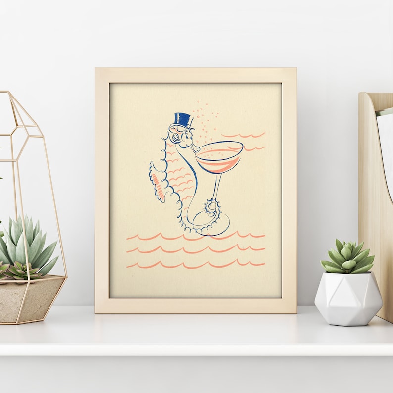 May include: A blue and orange illustration of a seahorse wearing a top hat and holding a champagne glass. The seahorse is in the ocean with pink waves.
