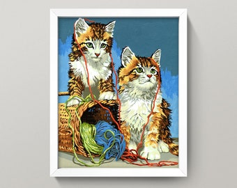 Impresión de gatitos para pintar por números • ¡2 tamaños! • Pintura vintage para pintar por números • Impresión de gato • Póster de gato • ¡Divertido kitsch de los años 50!