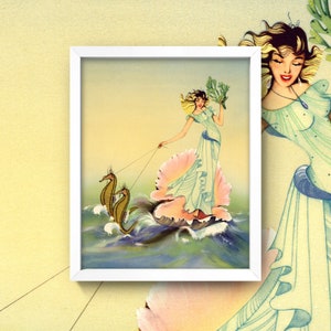 May include: A woman in a light blue dress rides on a large pink seashell pulled by two seahorses. The woman holds a green leafy branch in her right hand. The seashell and seahorses are in a blue and green ocean.