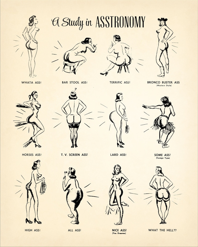 A Study in ASS-tronomy Butt Shapes Print Vintage Ass Diagram Fun retro bathroom wall art Booty Bum Buttocks Derriere Fanny Tush image 2