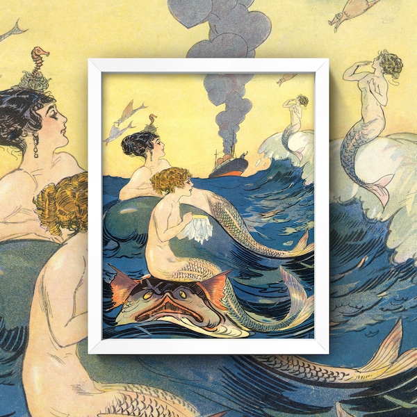 Vintage Mermaids Print • Antique Mermaids Poster • Mermaids Wall Art • Art Nouveau Mermaids • 3 Sizes • Art Deco Sirens Sewing Seahorse