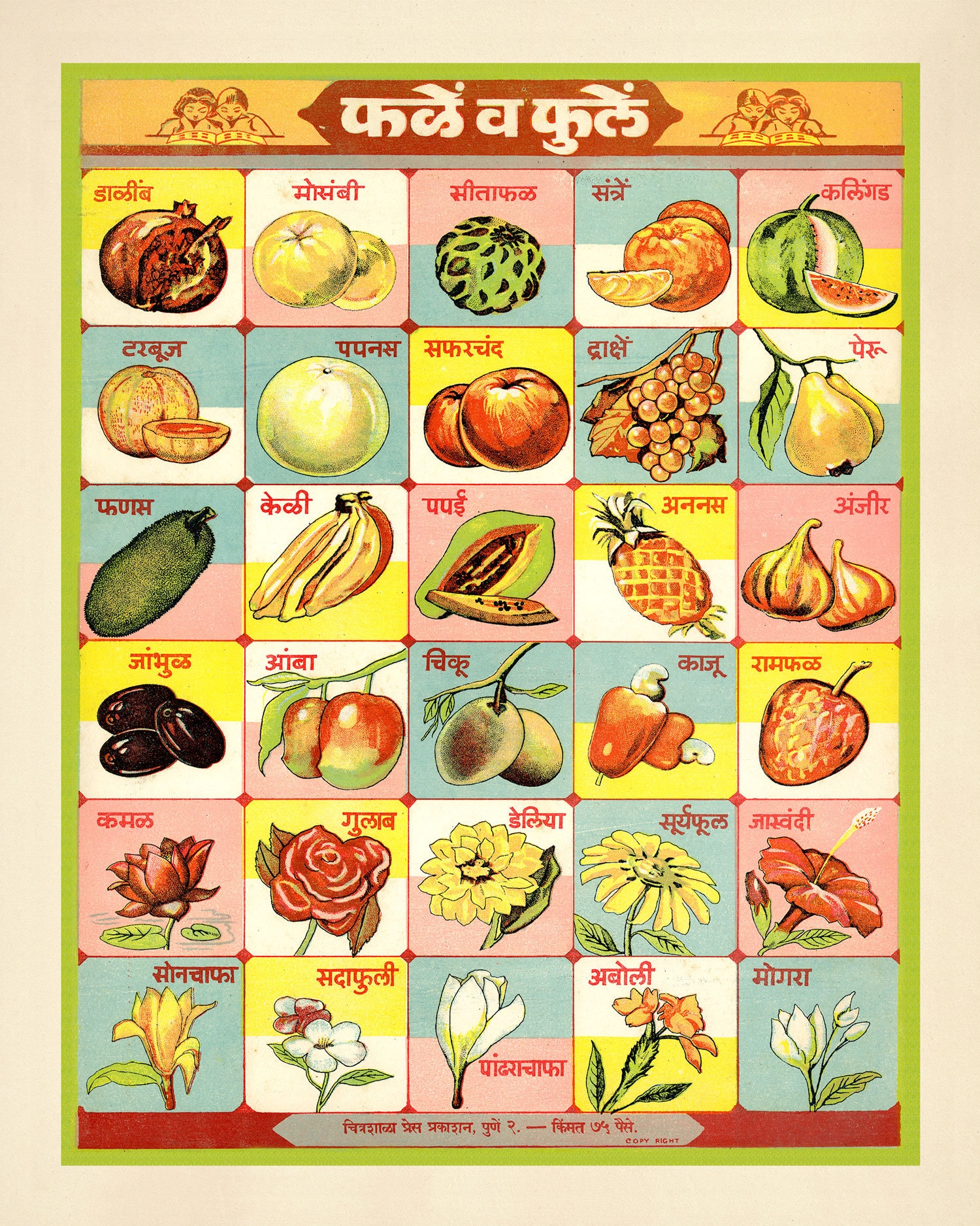 Colorful Kitchen Print • Vintage Marathi Fruit \u0026 Flowers Chart • 5 Sizes! •  Retro Indian Diagram Featuring Fruit, Vegetables and Flowers! - Etsy, image size:1500x1875