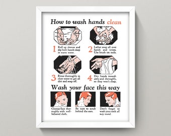 Wash Your Hands Print • 4 Sizes! • Vintage Bathroom Print Bathroom Chart Antique Bathroom Poster Wash Hands Covid 19