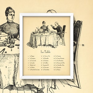 May include: A framed vintage print titled "La Table" depicts a detailed illustration of a formal dining setting. The black and white artwork shows a table set with various items, including plates, silverware, and glassware, with numbered labels.