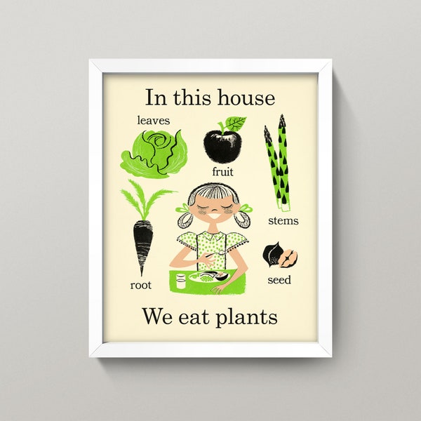 In This House We Eat Plants Print • 4 Sizes! • Vintage KItchen Art • Vegetarian Vegan Vegetables • Mid Century Retro Kitchen Poster
