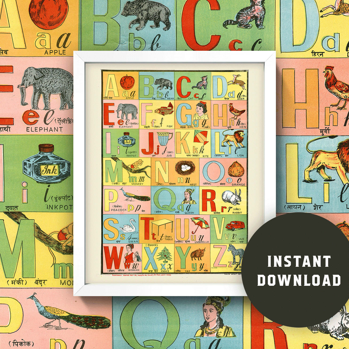 hindi english alphabet chart 8x10 wall art print instant etsy