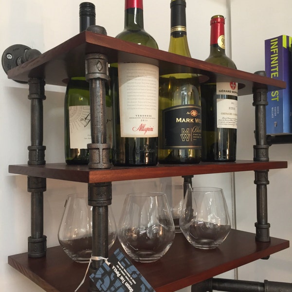 Industrial Pipe wine rack and shelf for stemless glassware