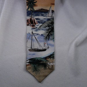 Vintage Van Heusen Palm Tree Tie Sailboat Ship Island Blue and Green Palm Trees Necktie 56 x 3.75 Vintage Tie Shop T615