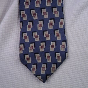 XL Vintage Lands End Silk Tie: Blue Red Geometric Necktie