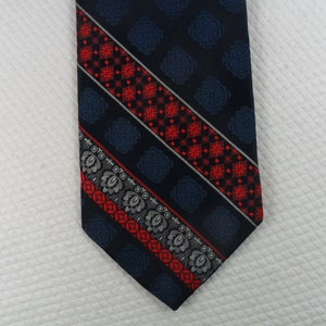 Vintage Bernard Necktie: Blue & Red Geometric Stripe, Ornate Polyester