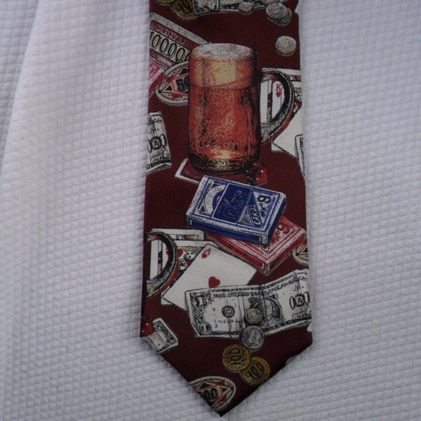 Vintage Beer and Card Player Tie - Gambler tie - USA - Italian Silk - Don Loper Beverly Hills - Money - 56 x 3.75 USA Vintage Tie Shop T1798