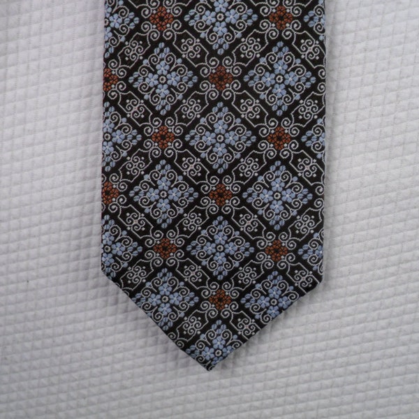 Vintage Oleg Cassini Tie Made for Marshall Fields Polyester Brown and Blue Filigree Necktie 53 x 3.25 Vintage Tie Shop T1707