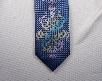 Vintage-Krawatte von Henri Picard, blau, verziertes rosa-blau-goldenes Muster auf geometrischen blauen Kreisen, Krawatte, Halsbekleidung, 58 x 3,75, Vintage-Krawattenladen T1031