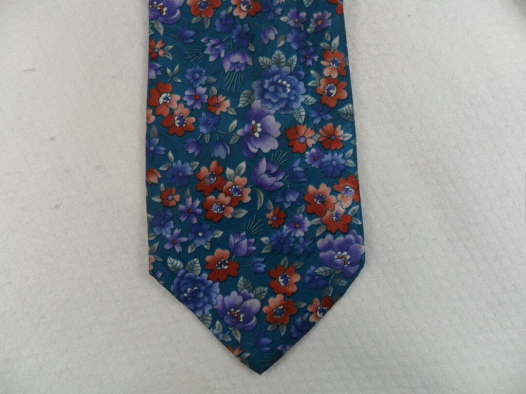 Vintage Ketch Classic Flower Tie USA Turquoise Green and Purple Floral ...
