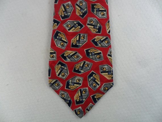 XL Robert Talbott Studio Tie LONG USA Silk Red Gray and Gold Geometric Wheels Necktie 62 x 3.75 Vintage Tie Shop T375