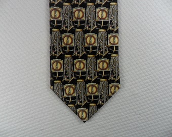 Kieselstein - Cord Tie - Hand Made Italy - Pure Silk tie - Gold and Black - Geometric Squares and Circle  56 x 3.75 Vintage Tie Shop T853