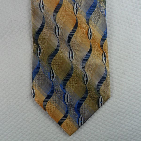 Vintage RBM Collection Tie USA   made Pure Silk Blue and Gold Geometric Vertical swirls  Neck wear 56 x 3.75 Vintage Tie Shop T324