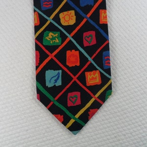 Vintage TC De Castelbajac Tie Pure Silk Italy Black Multicolor Geometric Star Sun Heart pattern  Necktie 58 x 3.5 Vintage Tie Shop T1259