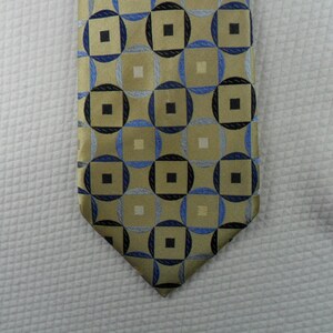 XL Vintage Villini Tie Hand Made Pure Silk  Geometric Gold and Navy Blue Circle and Square 64 x 3.75 Vintage Tie Shop T1280