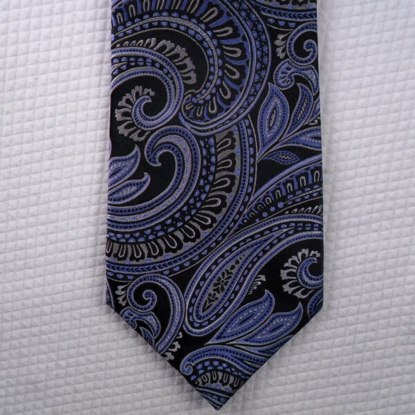 Vintage Bugatti Tie Gold name plate  Pure Silk Black Blue Silver Paisley  necktie 58 x 3.75 Vintage Tie Shop T782