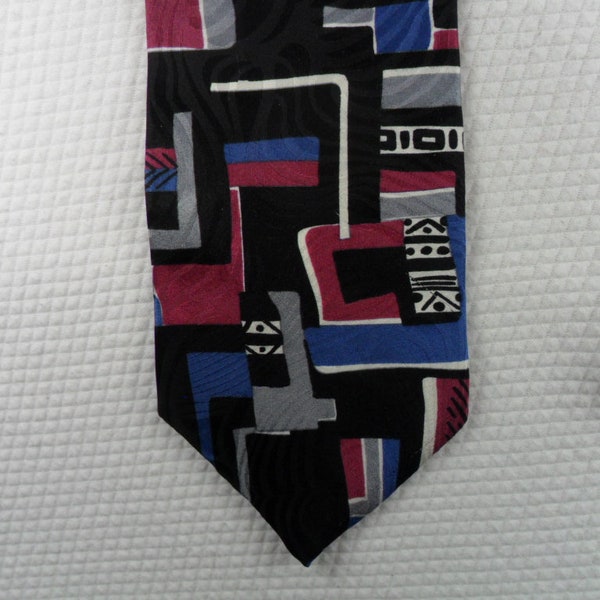 Vintage Oscar De La Renta Tie  Silk Black Blue Red Abstract Necktie 56 x 3.75 Vintage Tie Shop T74