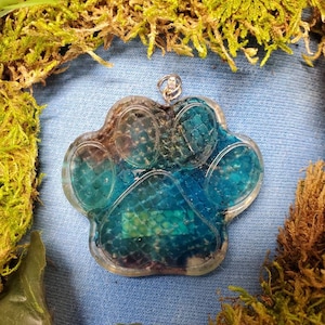 May include: A clear resin paw print pendant with blue and green accents. The pendant has a silver-colored bail for attaching to a chain. The paw print is surrounded by a clear border and is set against a blue background.