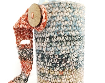 crochet water bottle holder, multi-color, flat circular bottom, 16 oz. beverage carrier, drink cozy, crossbody sling, mercerized cotton