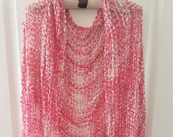 open weave scarf with fringe, hyper pinks and white delicate woven ribbon shoulder wrap, gift for her