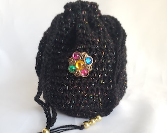 Black crochet drawstring pouch with sparkle, evening purse, handmade knit tote, crystal bag, trinket pouch, wristlet carry bag