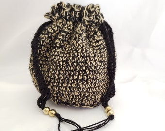 Black and gold small crochet drawstring pouch with gold beads, evening purse, handmade knit tote, crystal bag, pouch, wristlet carry bag