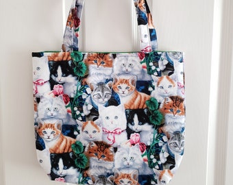 kitty cat large tote bag, project carryall,  purse, shopping grocery tote, gift for cat lovers